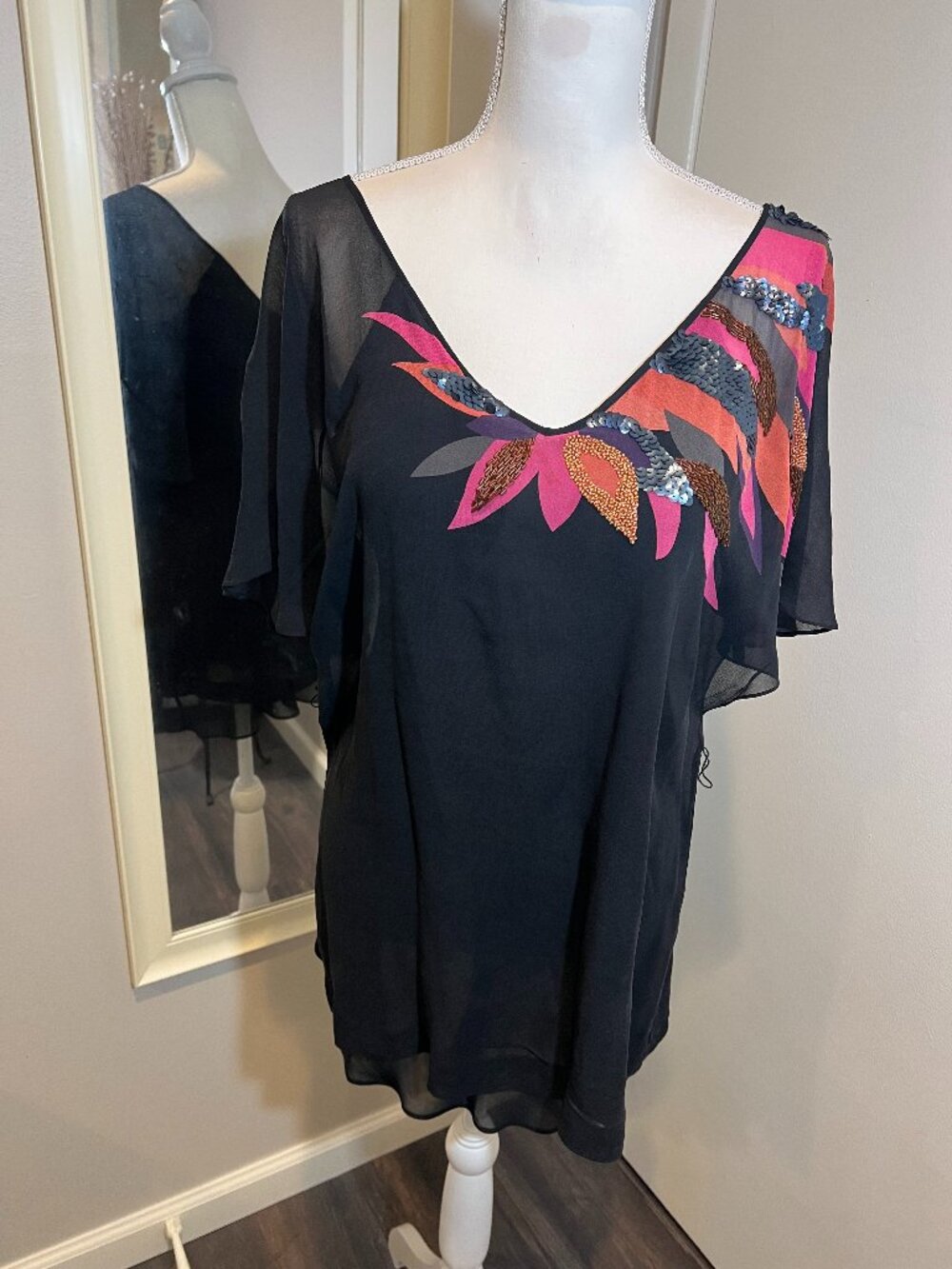 Ted Baker "Eulalia" Black Silk Sequin Tunic Dress/Top, Size 1 (US Size 4)